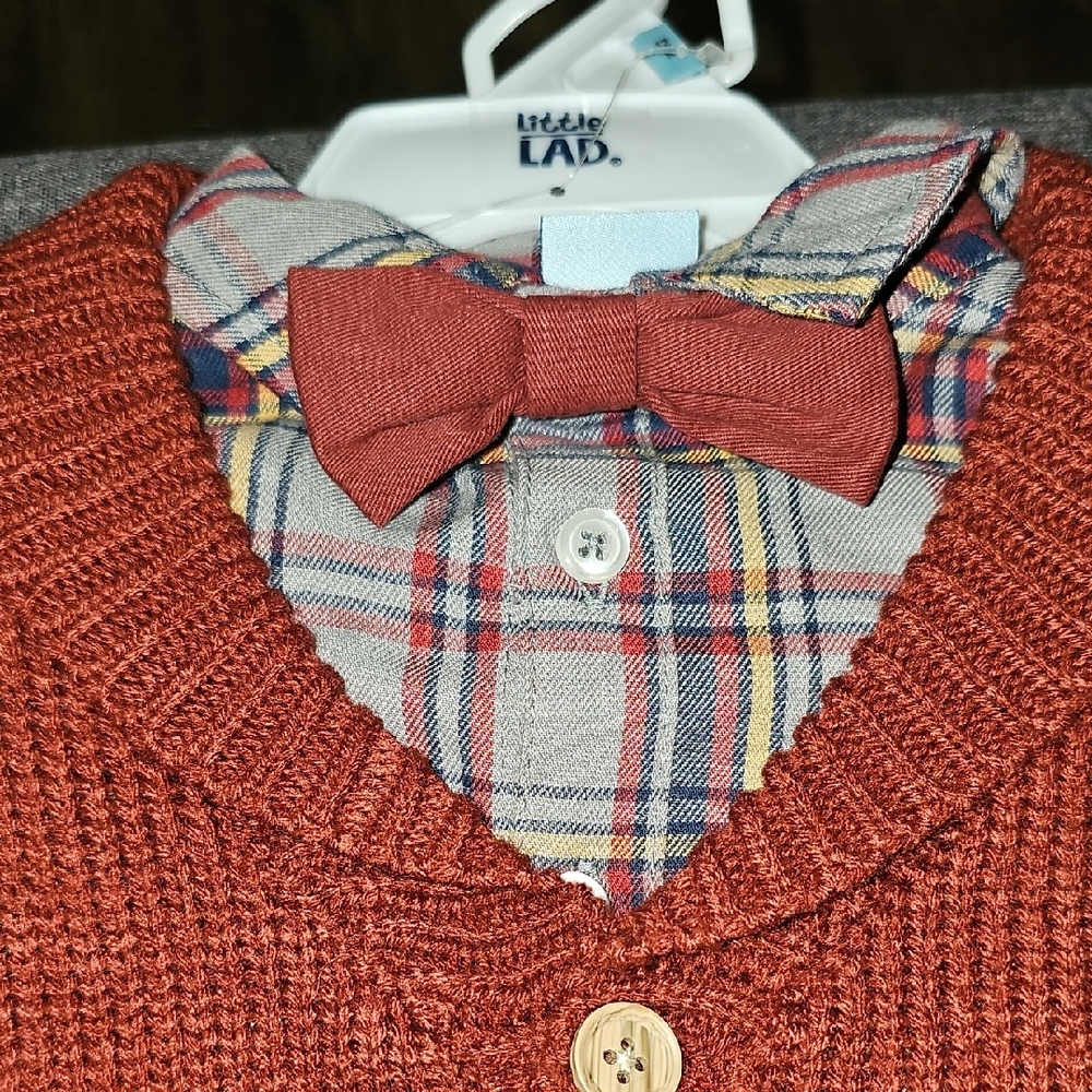 NWT Little Lad Cardigan Set Tie Rust Color Plaid Blue Pants 12 Months Toddler - Picture 3 of 7